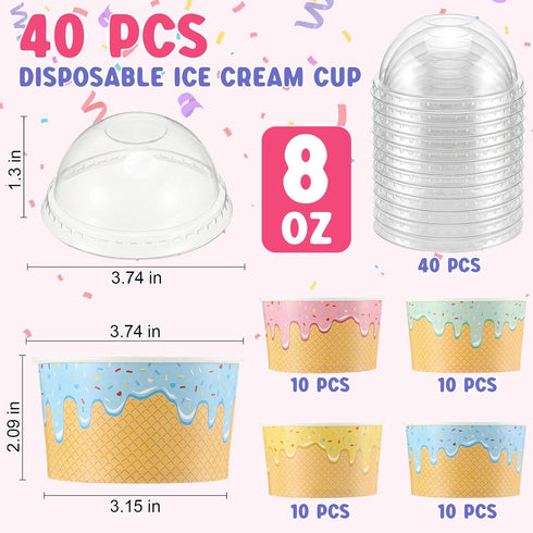 Jingmore 40 Count (8 oz) Paper Ice Cream Cups with Clear Dome Lids Disposable Dessert Cups Bulk Dessert Bowls Sundae