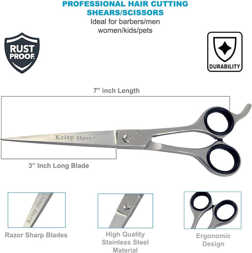 Professional Hair Cutting Scissors - Krisp Shave Japanese Stainless Steel Salon Barber Scissor (7 inch Inch) - Shears for Men's Beard Mustache Women Kids Pets Haircut All Purpose Shear, KSP-784 by Krisp Shave