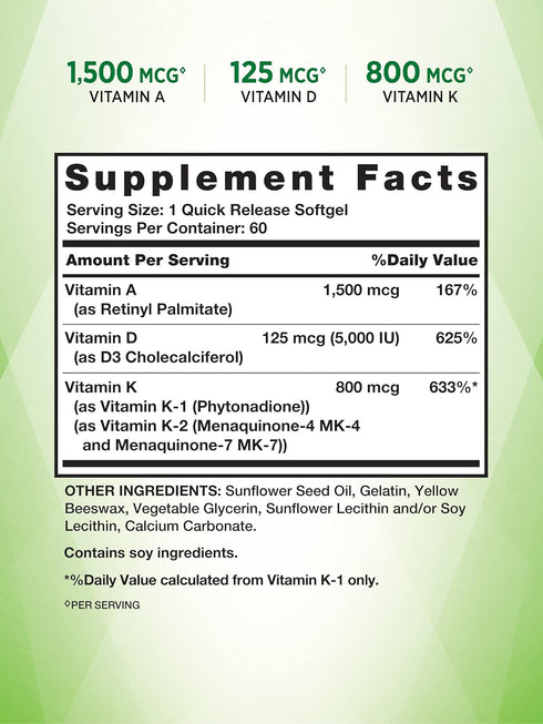 Nature's Truth Vitamin A D K Supplement | 60 Softgels | High Potency of Vitamin A, D3, K1 & K2 | Non-GMO & Gluten Free