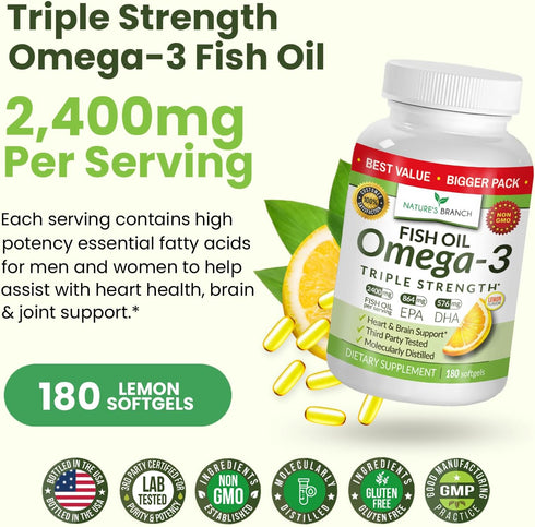 Best Triple Strength Omega 3 Fish Oil Pills - 180 Capsules, 2400mg High Potency Burpless Lemon Flavor for Heart Health
