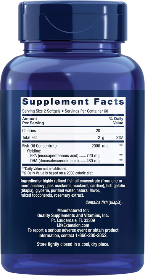 Life Extension Mega EPA/DHA, Omega-3 Fatty Acids, Heart & Brain Health, Non-GMO, 120 Softgels