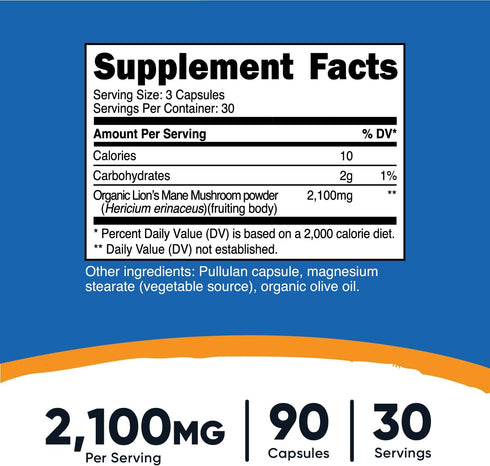 Nutricost Lion's Mane Mushroom Capsules 1650mg, 30 Servings - CCOF Certified Made with Organic, Vegetarian, Gluten Free, 550mg Per Capsule, 90 Capsules