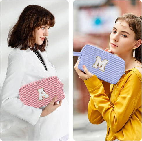 Personalized Initial Makeup Bag A-Z, Travel Toiletry Bag Cute Makeup Pouch Cosmetic Bag Preppy Make Up Bag Large Makeup Organizer Bags Birthday Gifts for Women Girls Friends (Blue, M)
