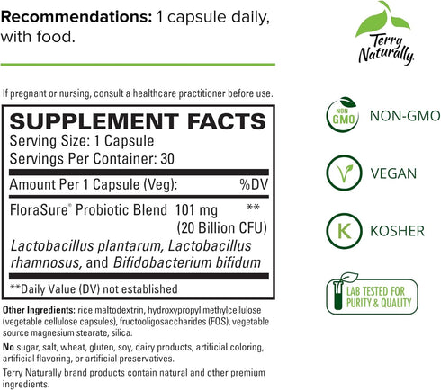 Terry Naturally FloraSure Probiotic, 30 Capsules, Daily Support for Healthy Digestion, Non-GMO, Vegan, Kosher