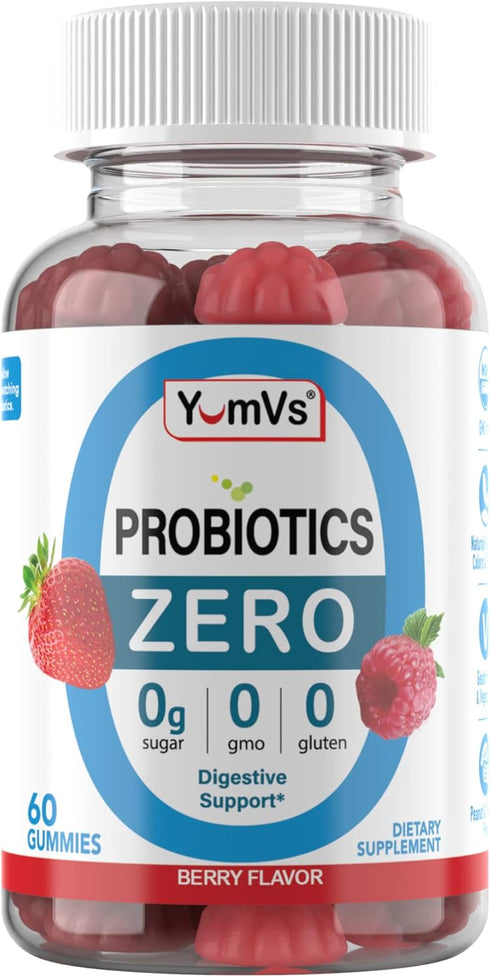 YUM-V'S - Zero Sugar Probiotic Gummies for Digestive Health - Sugar Free Probiotics for Women, Men & Kids - Gut Health Probiotic Gummies for Adults & Kids - Digestive Support Gummy Supplements - 60ct