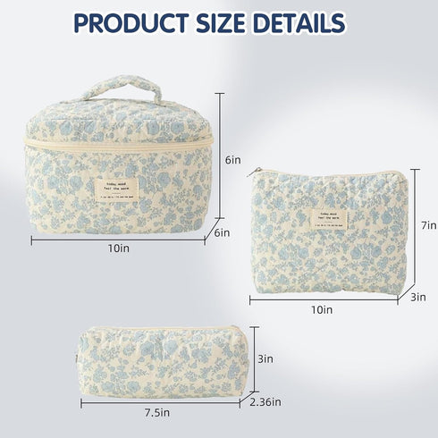 Quilted Floral Makeup Bag 3PCS | Cute Cotton Travel Toiletry Bag, Large Capacity for Daily Use