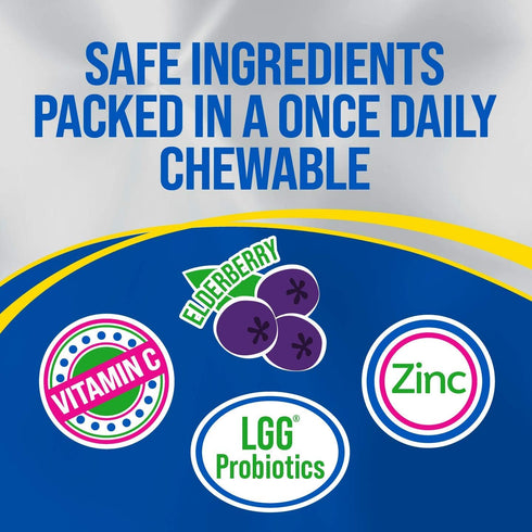 Culturelle Immune Defense Probiotic with Vitamin C, Vitamin D and Zinc + Elderberry, Non-GMO, 4-in-1 Immune Support for Kids Ages 3+*, Mixed Berry Chewables, 30 Count