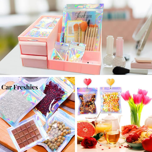 100 Pcs Holographic Resealable Packaging Bags, Cute Smell Proof Foil Pouch for Small Business Supplies, 4x6 inch