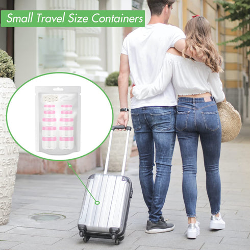 ZEJIA 10pcs Small Travel Containers - Pink Sample Containers with Screw Lids, 5 Sizes, 12pcs Labels, 2pcs Mini