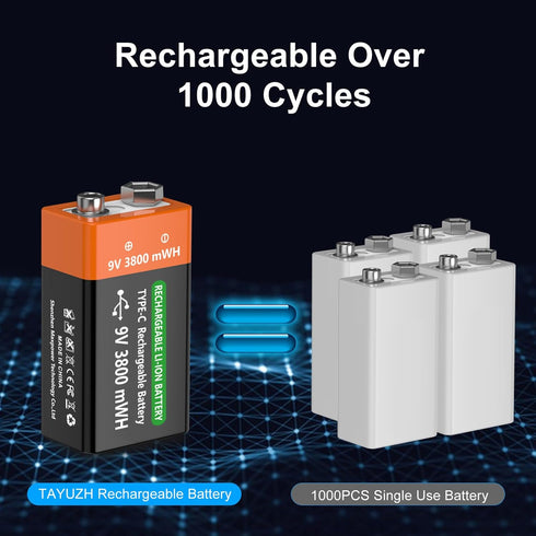 TAYUZH 6Pack 9V 3800mWh 9 Rechargeable Battery V High Capacity Lithium Batteries for Smoke Detectors, Microphone