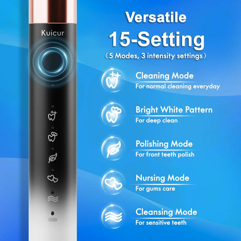 Sonic Electric Toothbrush for Adults and Kids, 10 Brush Heads, Travel Case, 15 Modes, 42,000 VPM Motor, 90 Days Charge