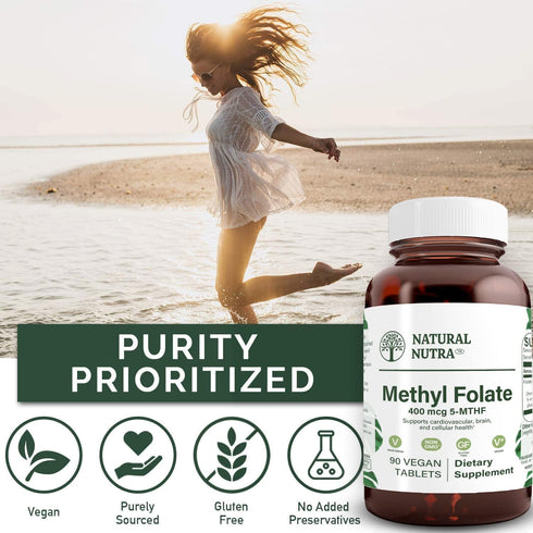 Natural Nutra Active Methyl Folate Supplement with Quatre Folic, 90 Vegan Tablets, Supports Brain, Heart, and Cell
