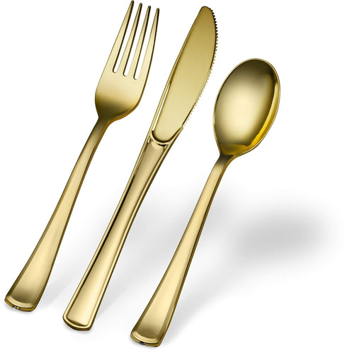 Plasticpro Disposable Heavy Duty Gold Plastic Spoons, Fancy Plastic Silverware for Catering Events (Pack of 40)