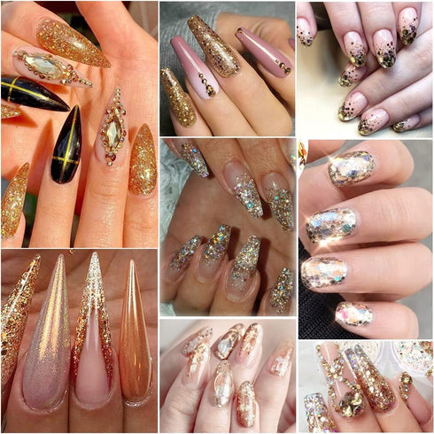 Holographic Glitter Sequins 3D Acrylic Nails Powder - Laser Dust Gold Silver Nail Art Supplies - 8 Boxes