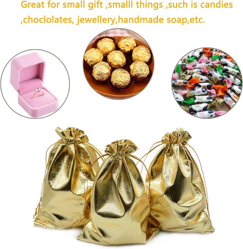 Pack of 100 Heavy Duty Gold Drawstring Organza Jewelry Pouches - 5"x 7" for Wedding Party Favor Bags