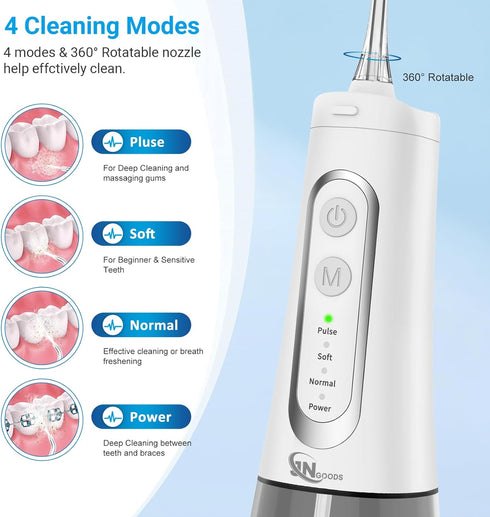 Cordless Water Dental Flosser, JNGOODS 300ml Rechargeable Oral Irrigator, IPX7 Waterproof, 4 Modes, 4 Jet Tips (White)