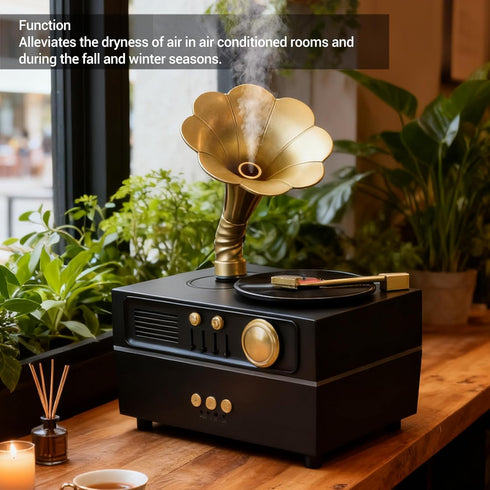 Retro Aromatherapy Humidifier, Unique USB Bluetooth Gramophone Style Vintage Oil Diffuser Cool Mist Machine for Home