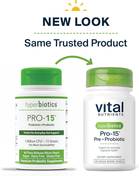 Hyperbiotics Vital Nutrients Pro-15 Prebiotics and Probiotics for Women and Men, 60 Vegan Pearls