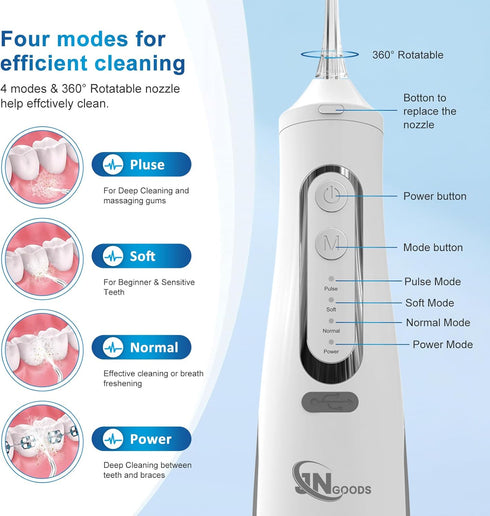 JNGOODS Cordless Water Dental Flosser, 310ml Rechargeable Oral Irrigator with 4 Modes and 4 Jet Tips (White)