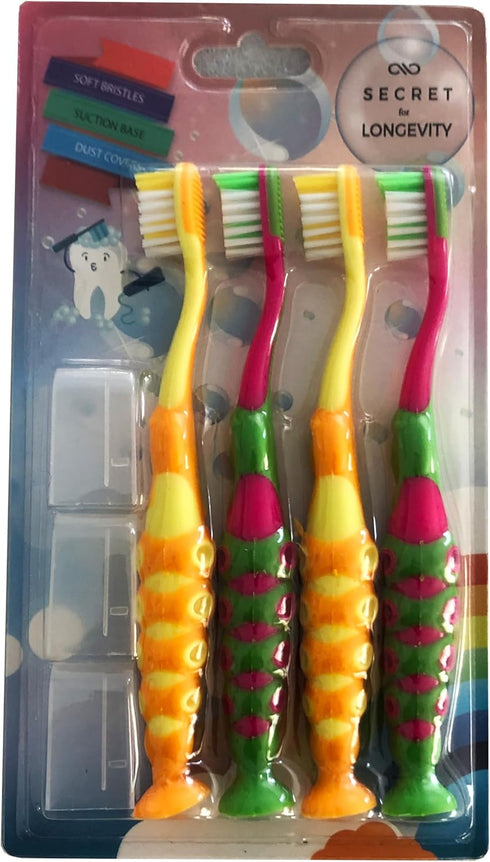 Secret for Longevity 4-Pack Kids Toothbrush Set, Child Sized Brush Heads (3-8 Year Old), Extra Soft Bristle, BPA Free