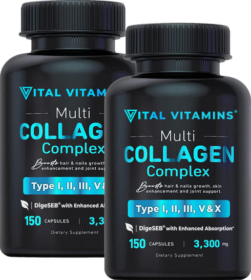Vital Vitamins Collagen for Women & Men (2 Pack) - Multi Collagen Pills Type I, II, III, V, X - 300 Capsules