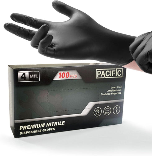 PACIFIC PPE 4 mil Black Nitrile Disposable Gloves - Food-Safe, Latex-Free Cleaning and Cooking Gloves (Large)