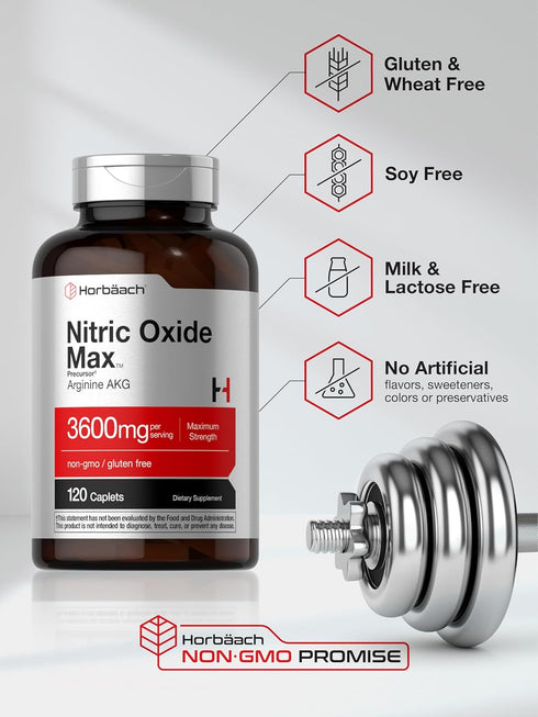 Horbaach Nitric Oxide Max 3600mg | 120 Caplets | Vegetarian, Non-GMO, Gluten Free Pre Workout Supplement with Arginine