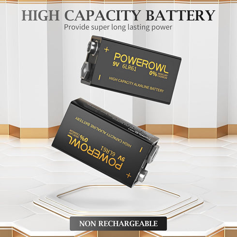 POWEROWL 9V 9 4 Pack High Capacity Batteries, Alkaline Volt Battery for Smoke Detector Fire Alarm and More Devices