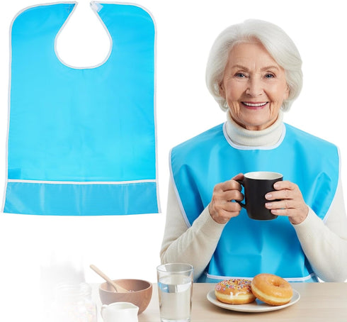 WJIAAA 23.6 14.3in Adult Bibs for Elderly Women Men, Blue Waterproof Oil-Proo Bibs with Chip Collector Wipe-Clean