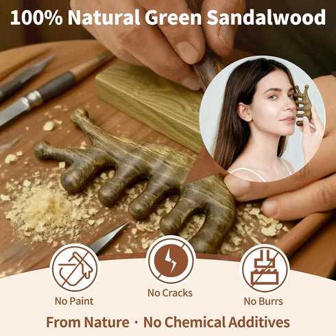 KOVINNA 4-in-1 Green Sandalwood Massage Comb & Gua Sha Tool for Scalp, Face & Body Natural Wooden Comb for Relaxation