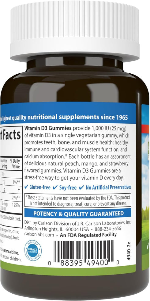 Carlson Vitamin D3 Gummies, 1000 IU, Bone Health, Immune Support, 60 Vegetarian Gummies, Natural Fruit Flavors