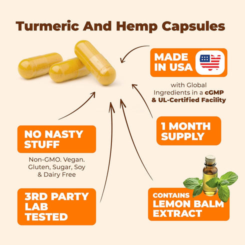 Turmeric and Hemp Capsules - Vegan Joint Support Supplement with Curcumin, Black Pepper & Lemon Balm