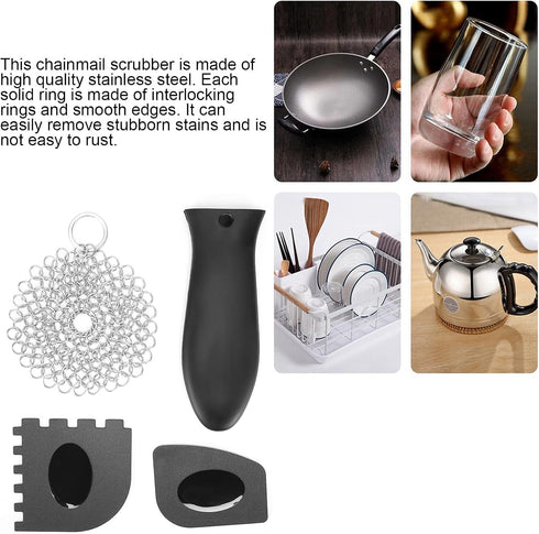 Chainmail Scrubber Kit for Cast Iron Pans, Stainless Steel Cleaner with Toothed Scraper and Handle Cover, Durable for