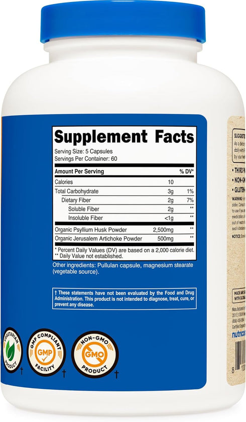 Nutricost Fiber Capsules, 300 Count - Prebiotic Fiber Supplement with Organic Psyllium Husk & Jerusalem Artichoke, 60