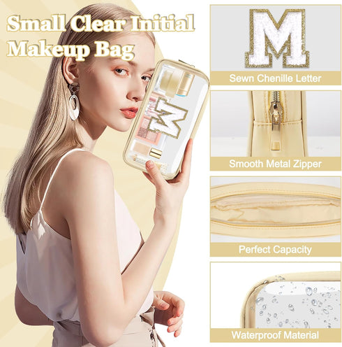 Small Clear Personalized Initial Makeup Bag, Nylon Preppy A-Z Chenille Letter Patch Cosmetic Pouch (Beige-White M)