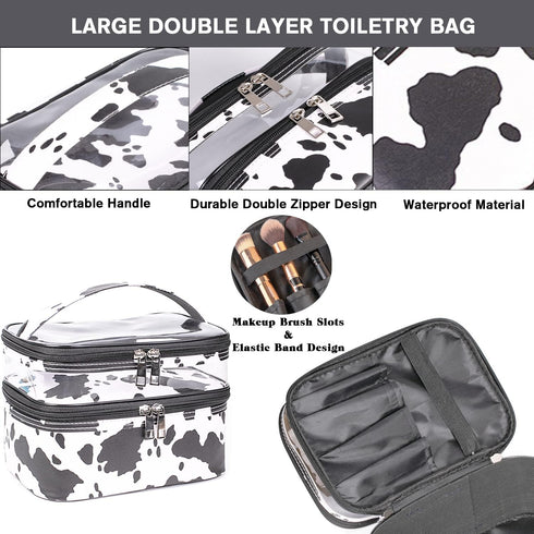 FITINI 3 Pieces Makeup Bags Double Layer Travel Large White Cows Cosmetic Cases Organizer Toiletry Bags Waterproof Small Zipper Pouch for Women Makeup Brush Storage Bag