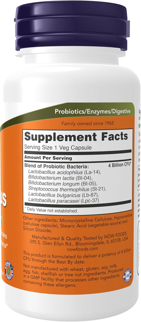 NOW Supplements, Acidophilus 4X6, 4 Billion Potency with 6 Probiotic Strains, Strain Verified, 120 Veg Capsules