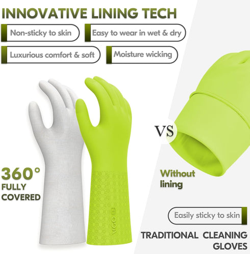 Vgo... 2 Pairs Reusable Household Aromas Gloves,Innovative Lined Dishwashing Gloves,Durable Cleaning Gloves,Long Sleeves Kitchen Gloves(Dark Blue&Hi-viz Green,Size L,TP1117)