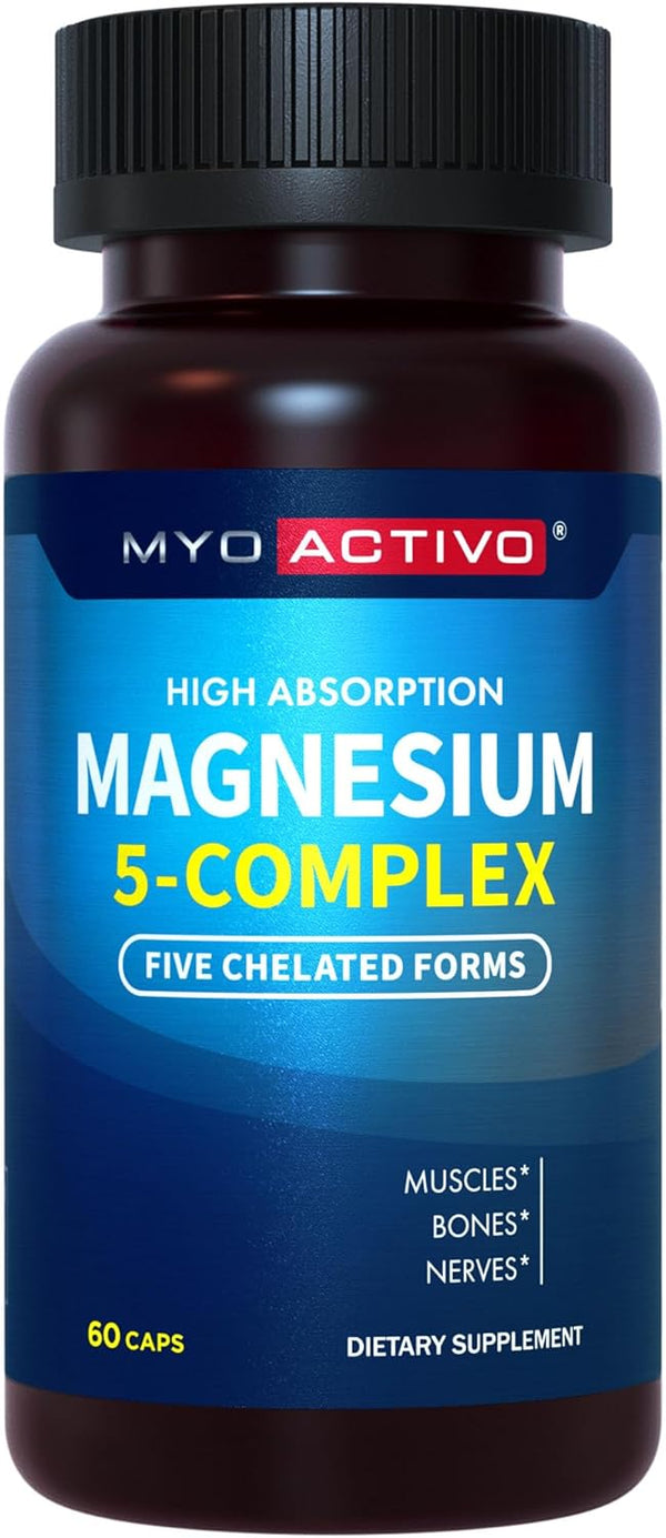 5-in-1 Magnesium Complex - High Absorption Chelated Magnesium for Nerves, Muscles & Bones, 60 Capsules