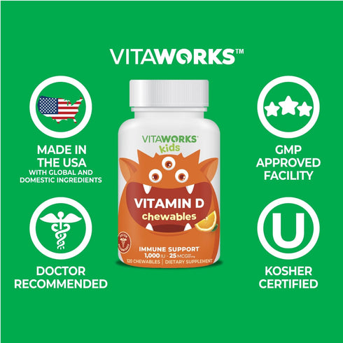 Kids Vitamin D 1000 IU Chewable Tablets, 120 Chewables - Tasty Natural Orange Flavor, Vegan & Gluten Free