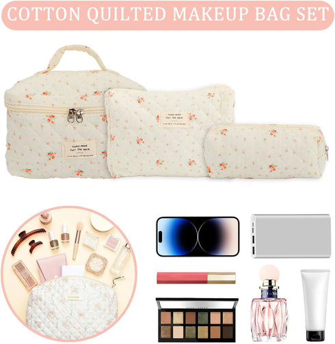 3Pcs Floral Quilted Makeup Bag Set, Aesthetic Large Capacity Travel Bags