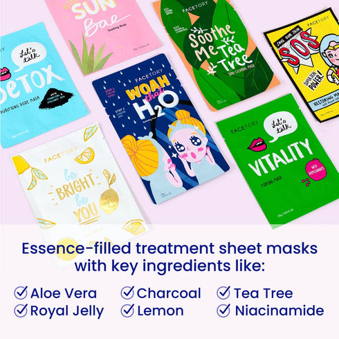 FACETORY Best of Seven Facial Masks Collection - Hydrate, Revitalize, Nourish, Purify Skin, Variety Pack of 7 Sheet