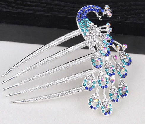 Wedding Bridal Headpiece Rhinestone Hair Comb, Women Peacock Hair Clip Side Comb Hair Accessory (Blue)