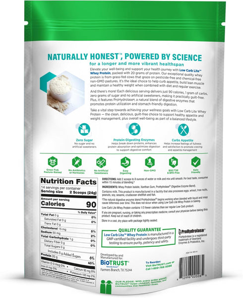 BioTrust Low Carb Lite Protein Powder - 20g Grass-Fed Whey Protein Isolate - Low Carb, Sugar Free, Unflavored, 14