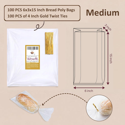 Pack 100 Packaging 100 6x3x15-Inch Wowfit Bread Poly Bags of Entirely Transparent Clear Bakery Bags Bread Bags