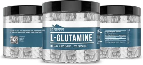 Earthborn Elements L-Glutamine 200 Capsules, Pure & Undiluted with No Additives