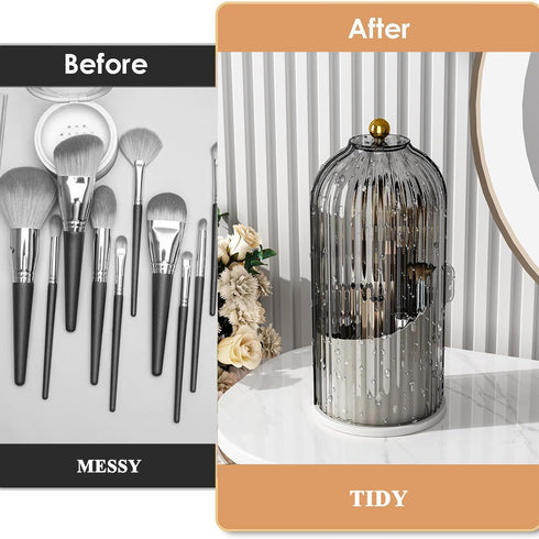 Makeup Brush Holder Organizer with Lid, 360° Rotating Dustproof Cosmetics Organizer for Vanity (Grey White)