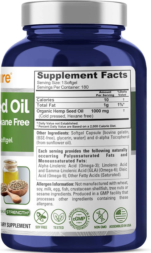 NusaPure Hemp Seed Oil Softgel 1000mg - 180,000mg per Bottle for Health Benefits