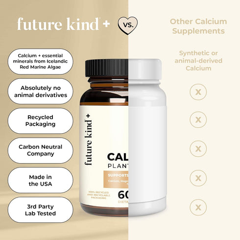 Future Kind Vegan Calcium Supplement, 60 Capsules - Plant-Based Calcium Magnesium for Teeth and Bone Support
