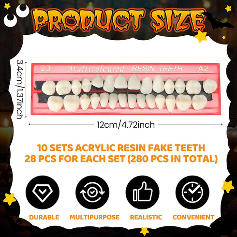 Nuanchu 280 Pcs False Teeth Acrylic Resin Denture Replacement, 10 Sets Denture Tooth Kit for Halloween DIY Dental